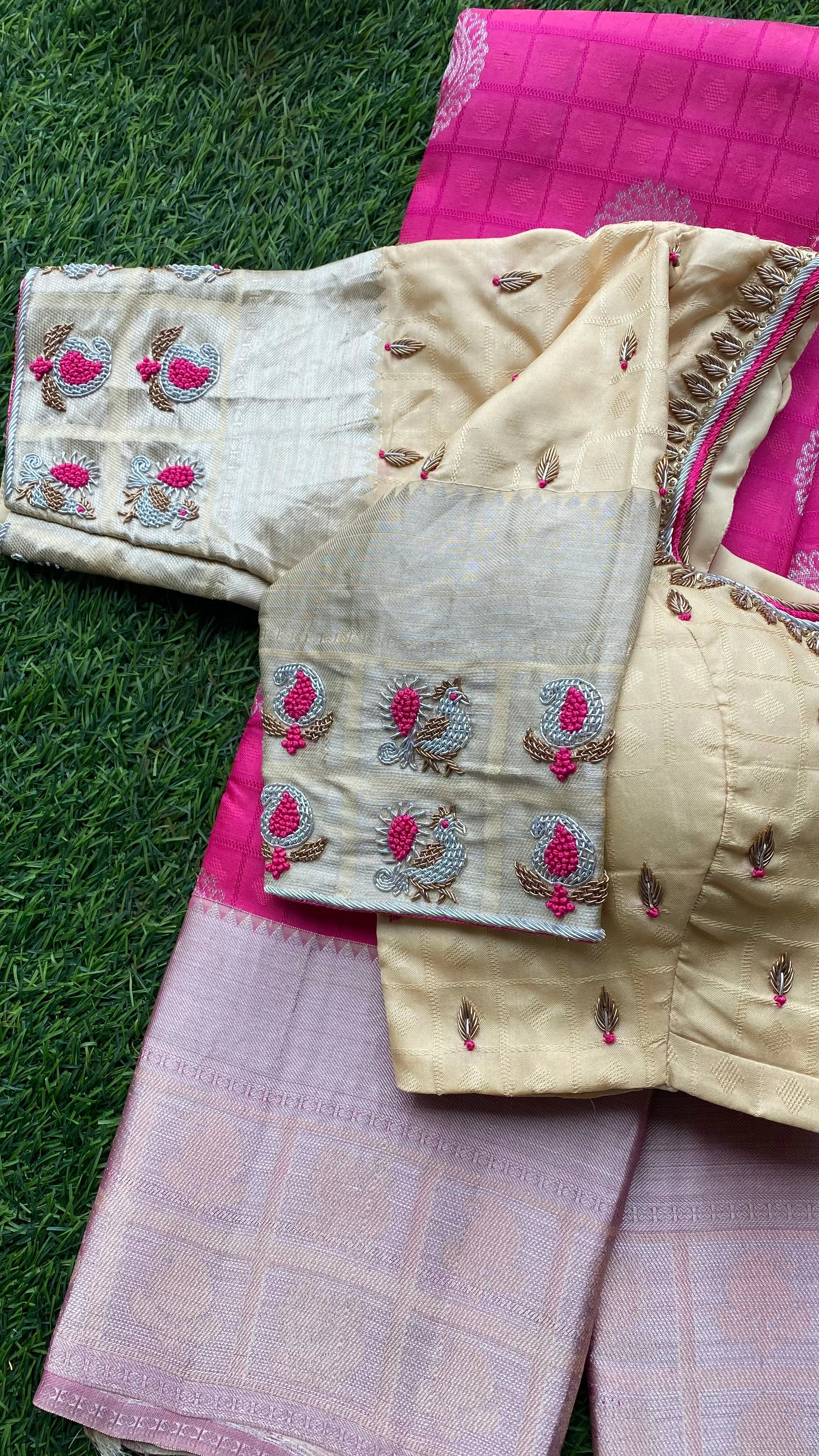 Pink and cream kanchipuram silk saree with hand worked blouse