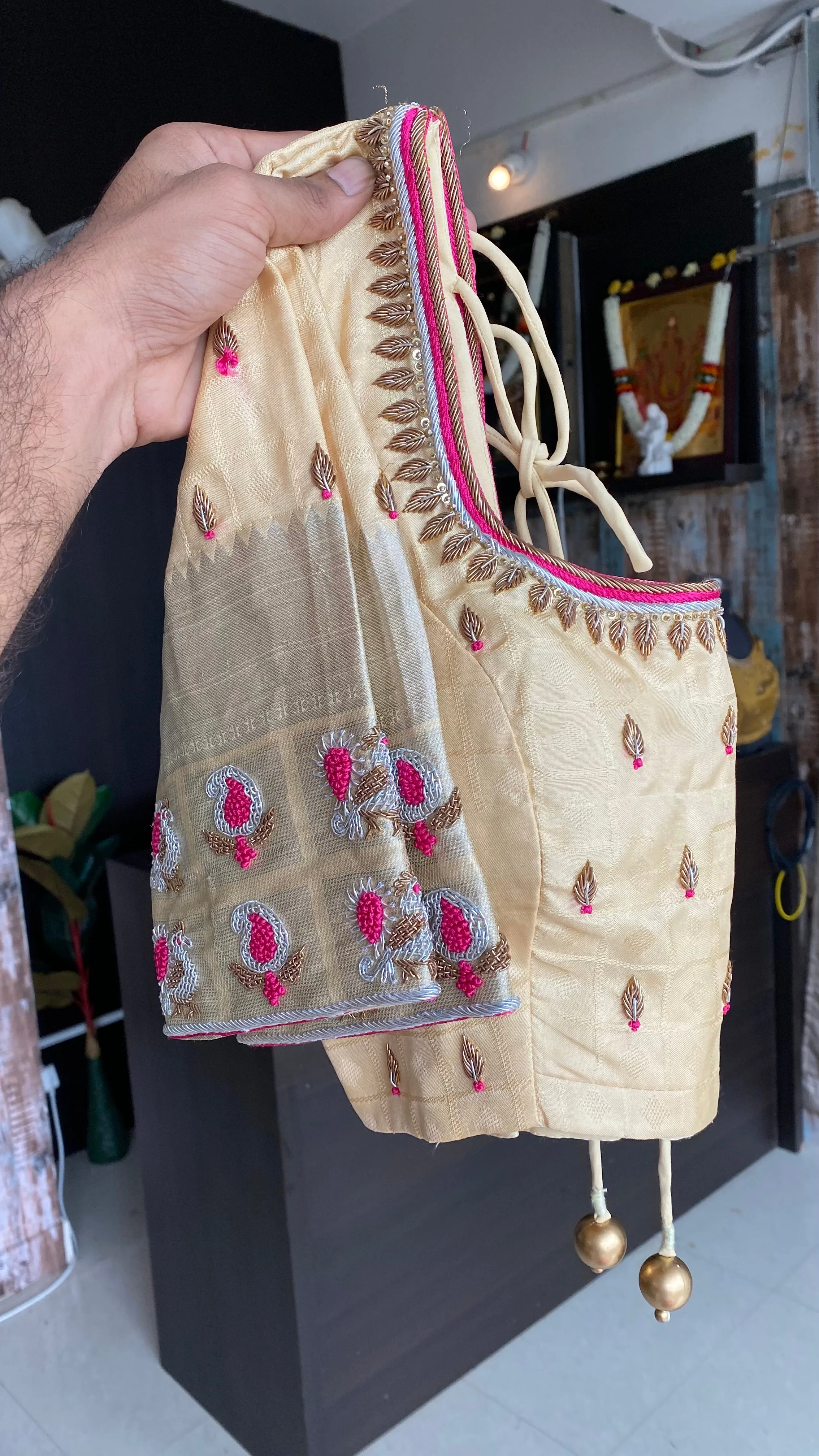 Pink and cream kanchipuram silk saree with hand worked blouse