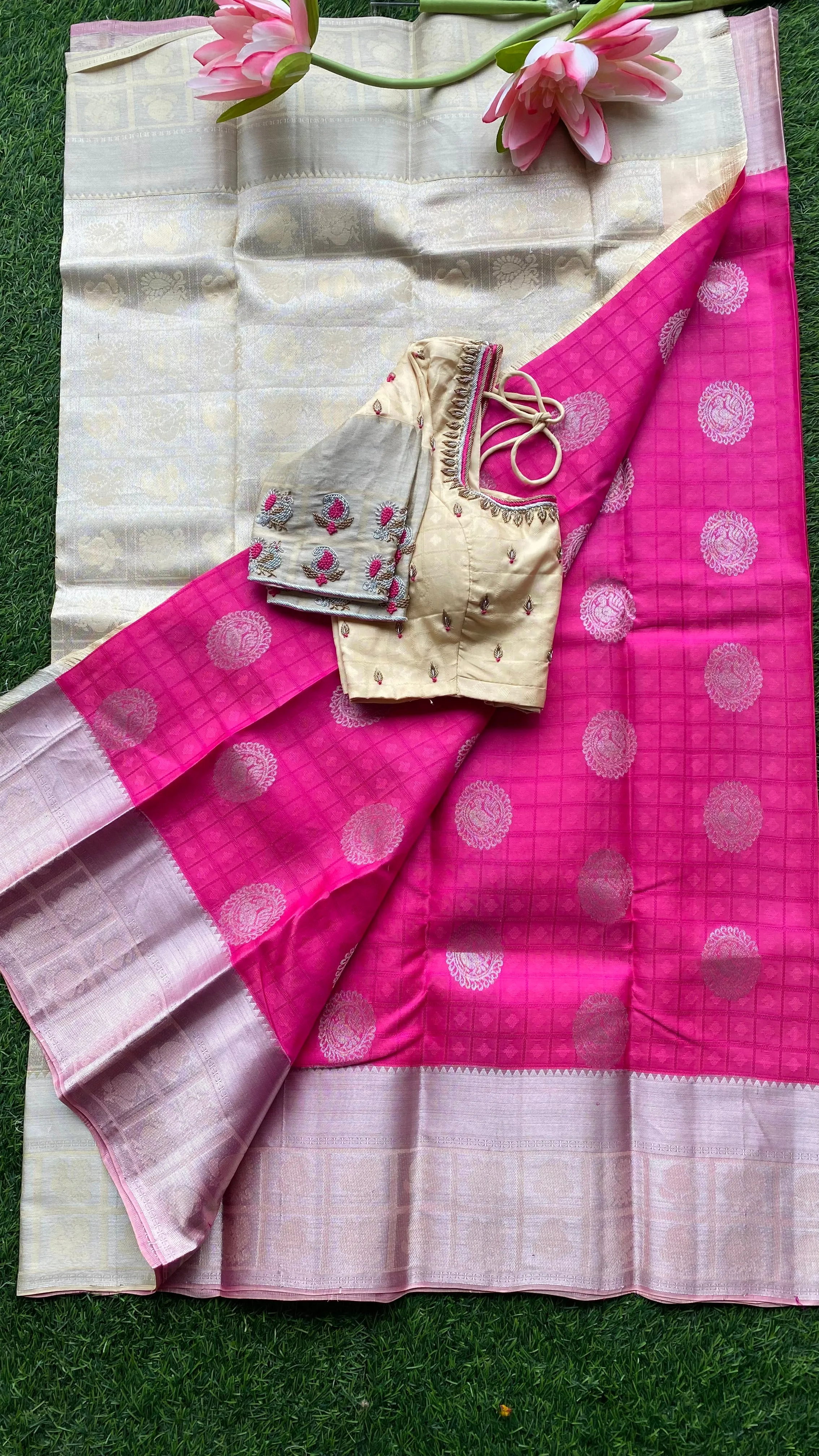 Pink and cream kanchipuram silk saree with hand worked blouse