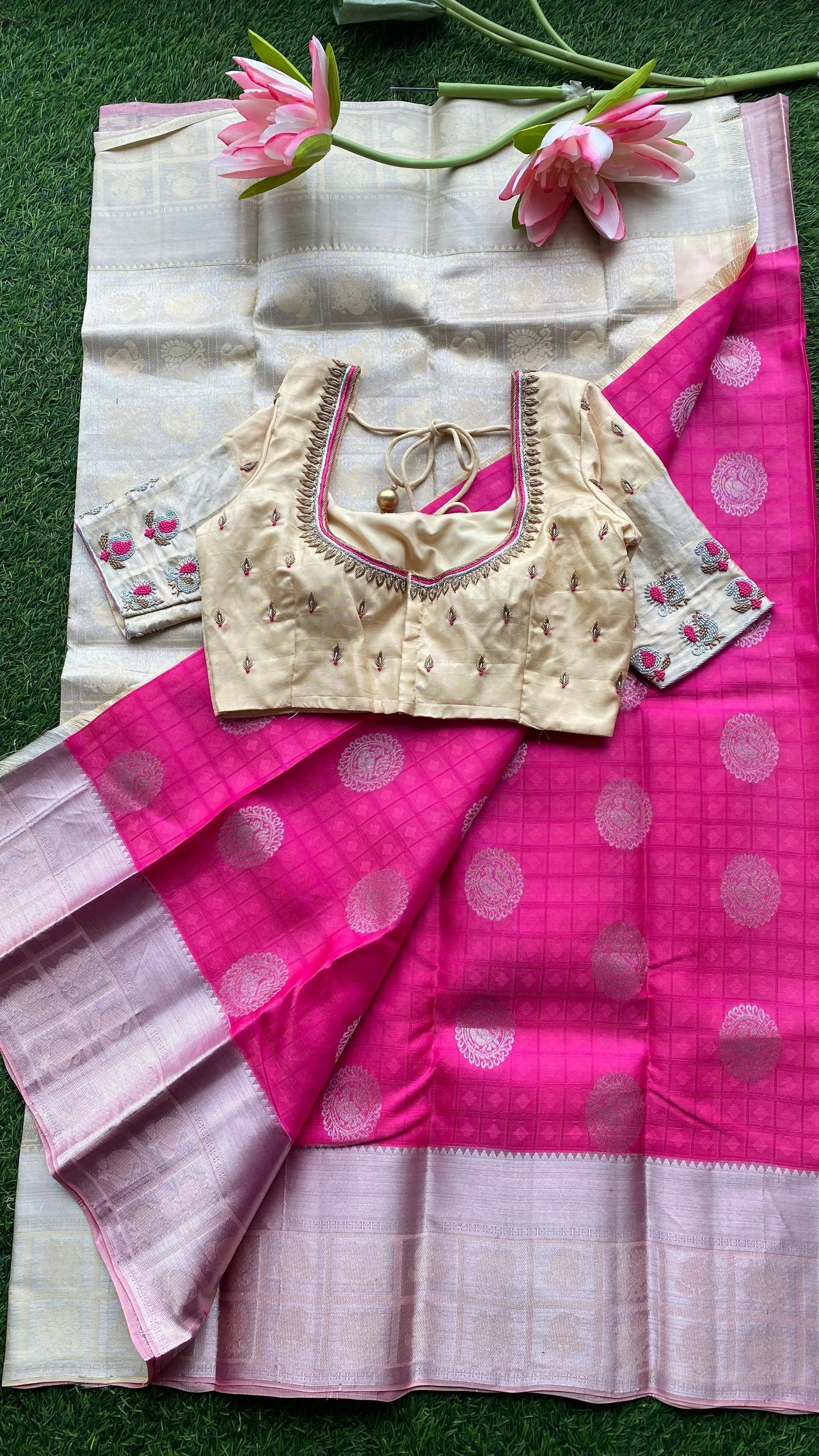 Pink and cream kanchipuram silk saree with hand worked blouse