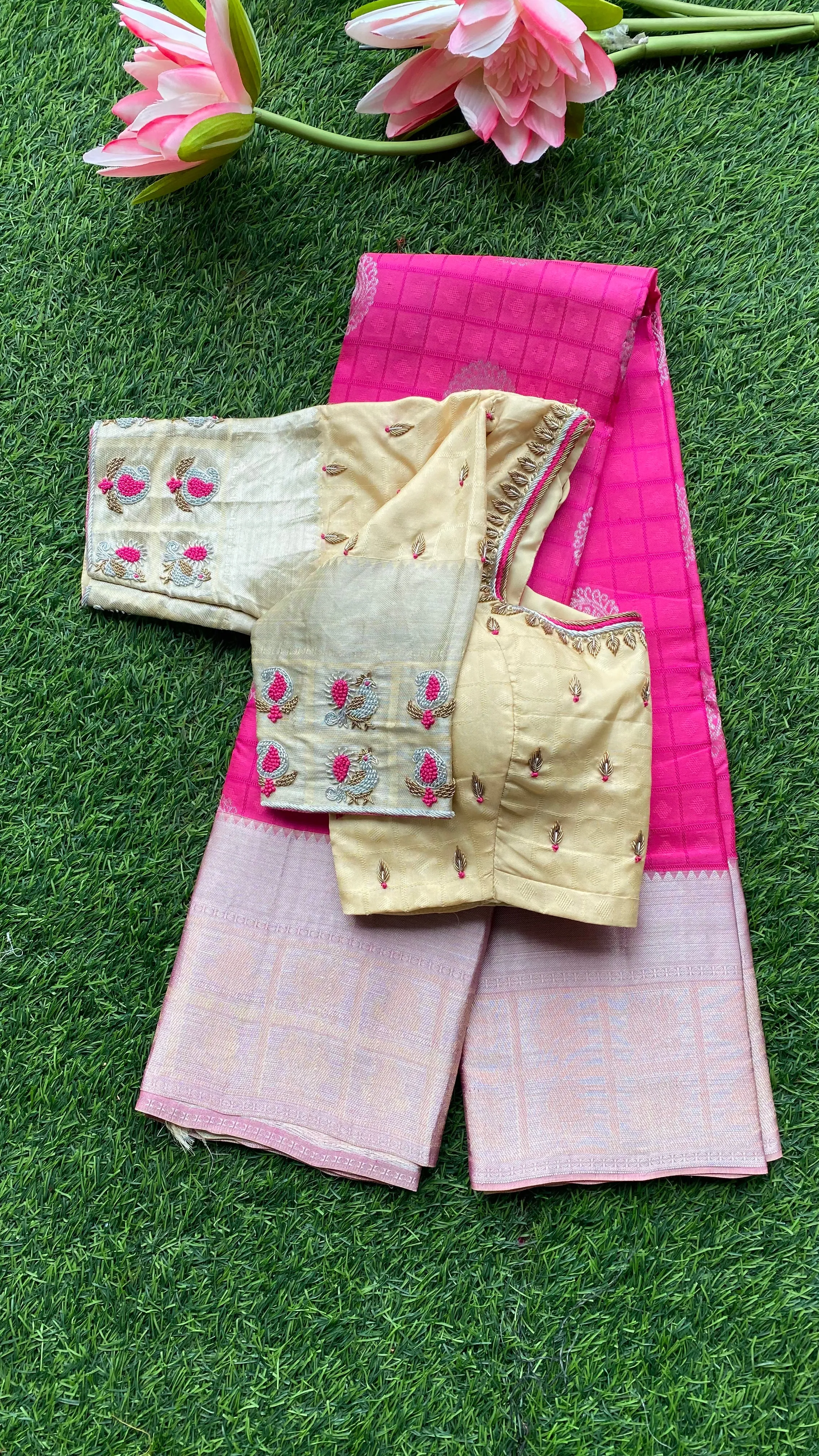 Pink and cream kanchipuram silk saree with hand worked blouse