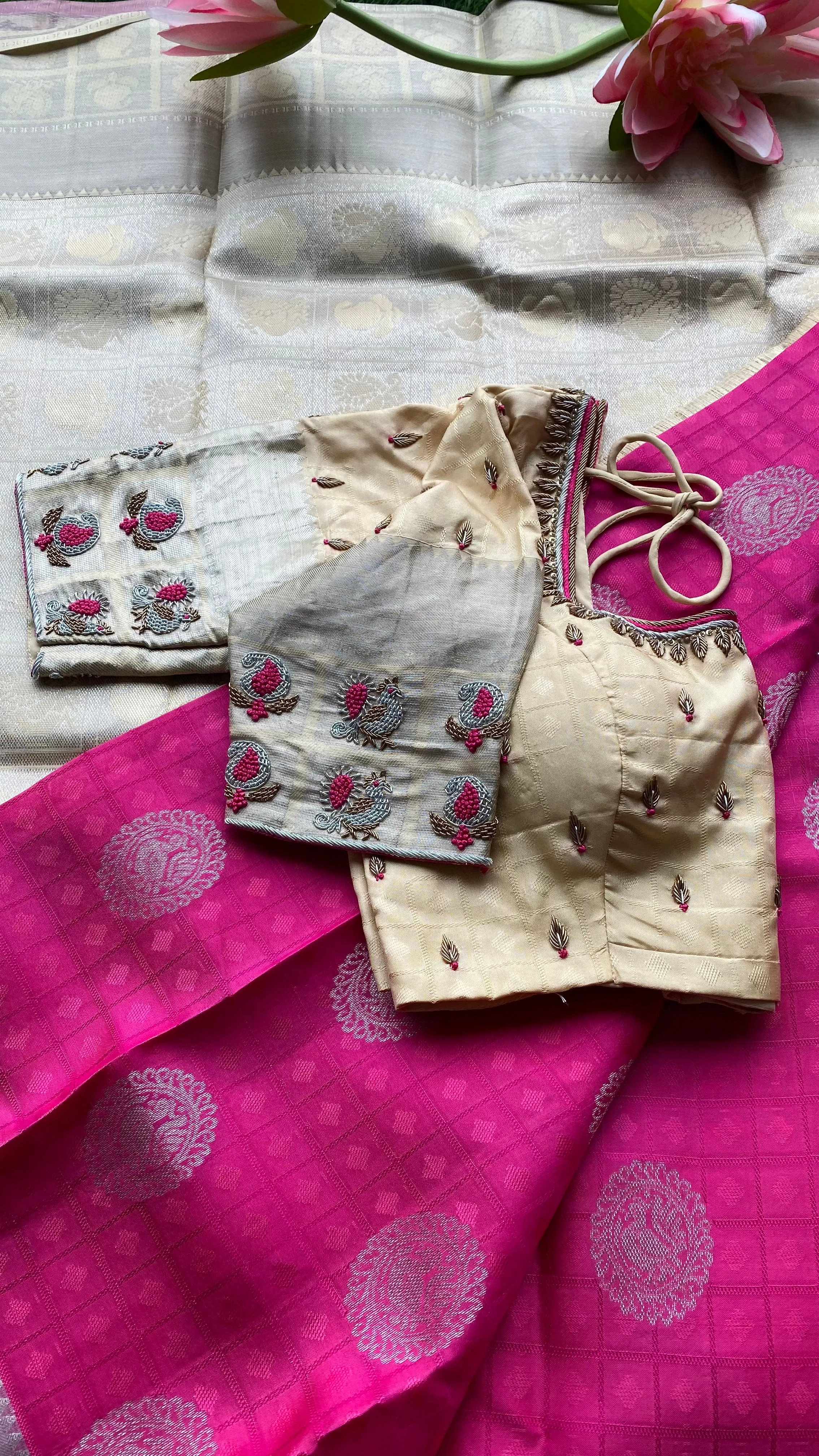 Pink and cream kanchipuram silk saree with hand worked blouse