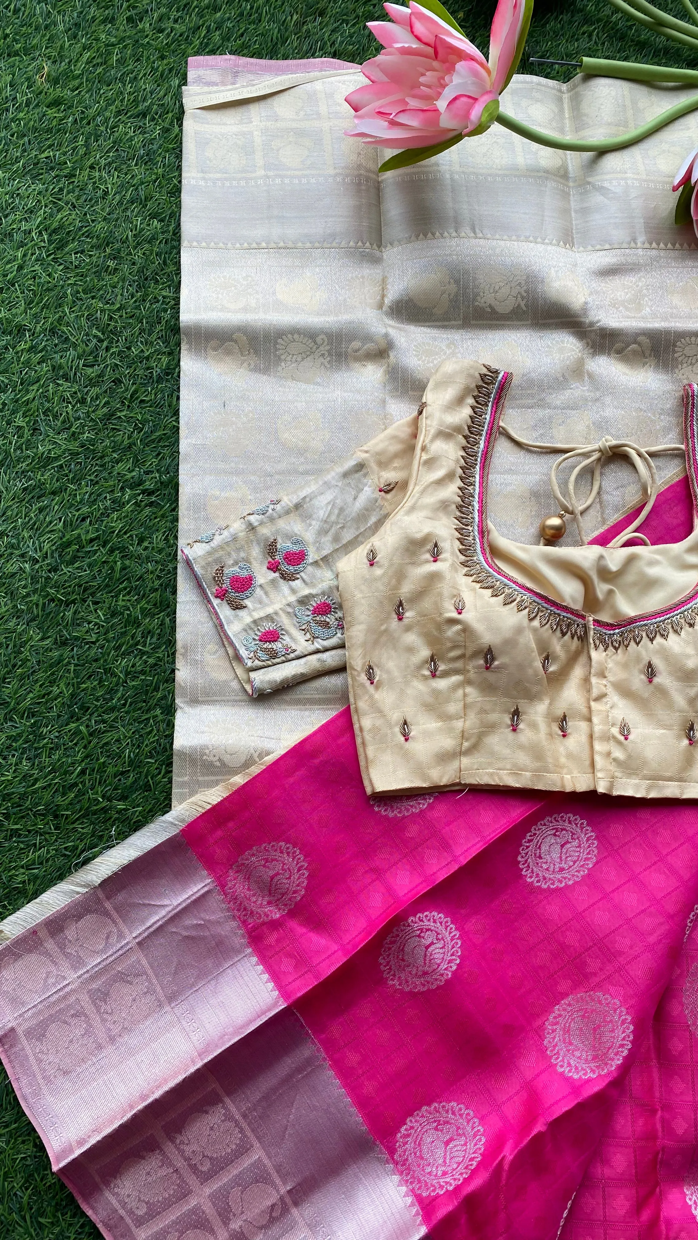 Pink and cream kanchipuram silk saree with hand worked blouse