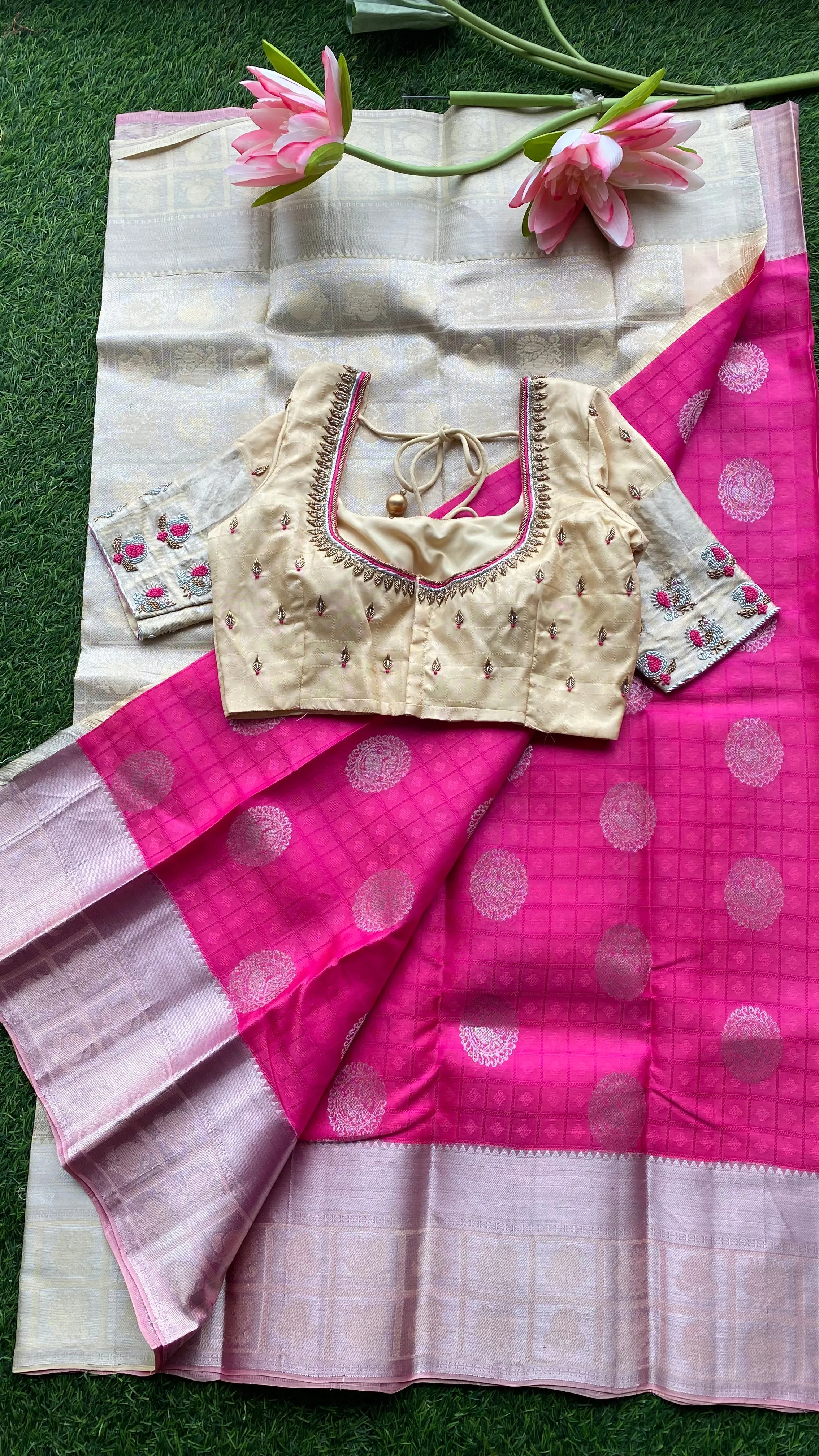 Pink and cream kanchipuram silk saree with hand worked blouse