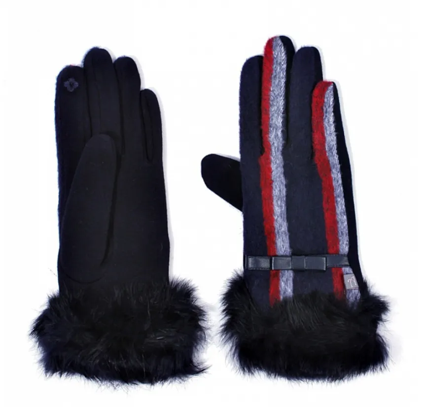 Rabbit Fur Cuff Striped Gloves