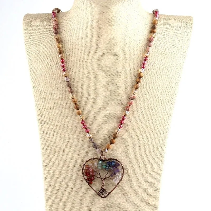 Rainbow Heart Pendant Necklace with Knotted Stone Design