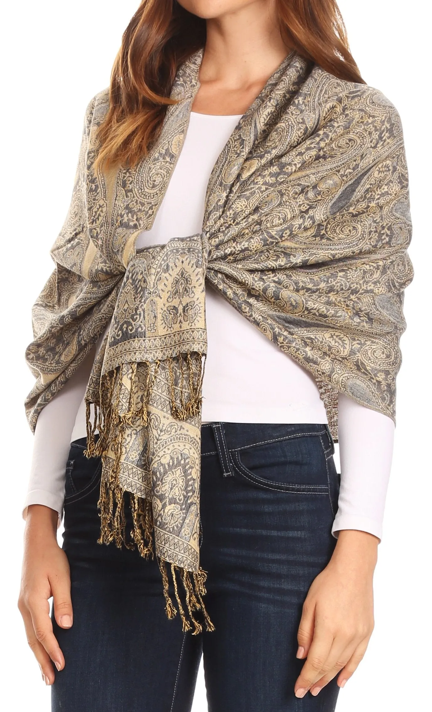 Sakkas Kalin Long Wide Woven Patterned Fringe Tassel Pashmina Shawl / Scarf