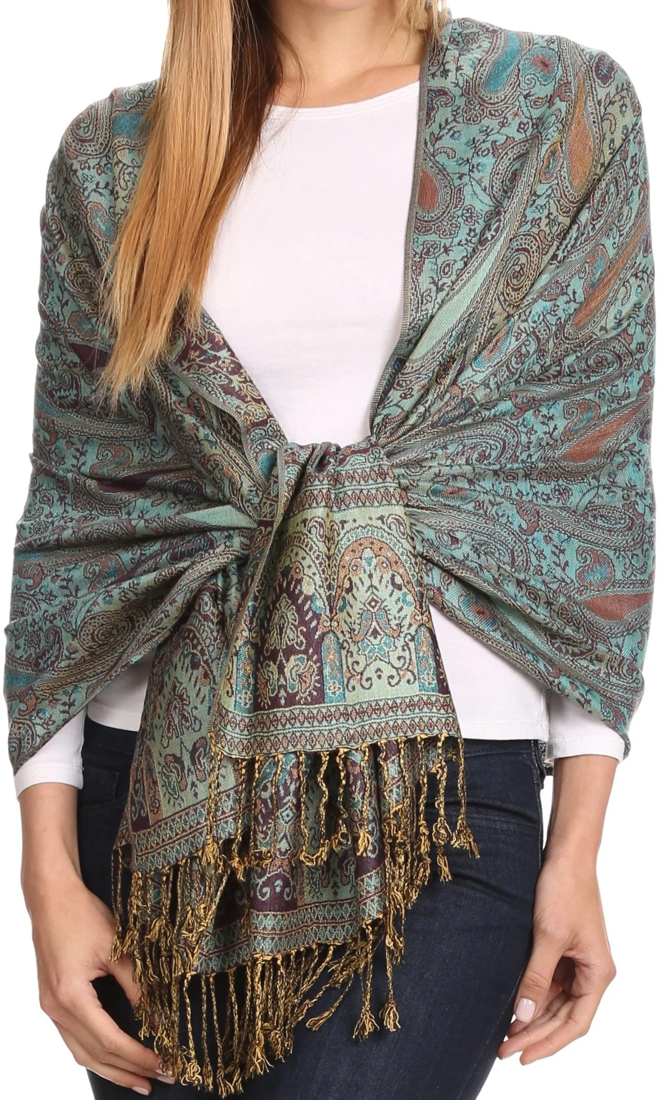 Sakkas Kalin Long Wide Woven Patterned Fringe Tassel Pashmina Shawl / Scarf