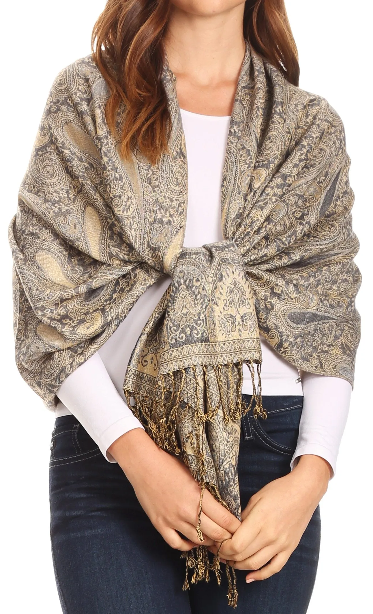 Sakkas Kalin Long Wide Woven Patterned Fringe Tassel Pashmina Shawl / Scarf