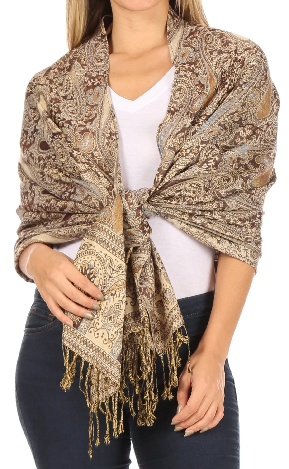 Sakkas Kalin Long Wide Woven Patterned Fringe Tassel Pashmina Shawl / Scarf