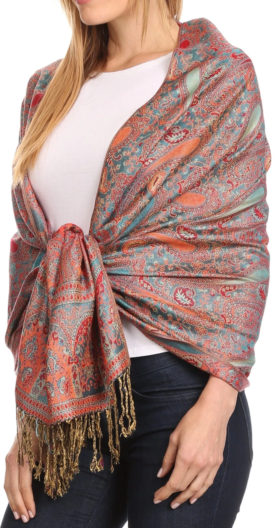 Sakkas Kalin Long Wide Woven Patterned Fringe Tassel Pashmina Shawl / Scarf