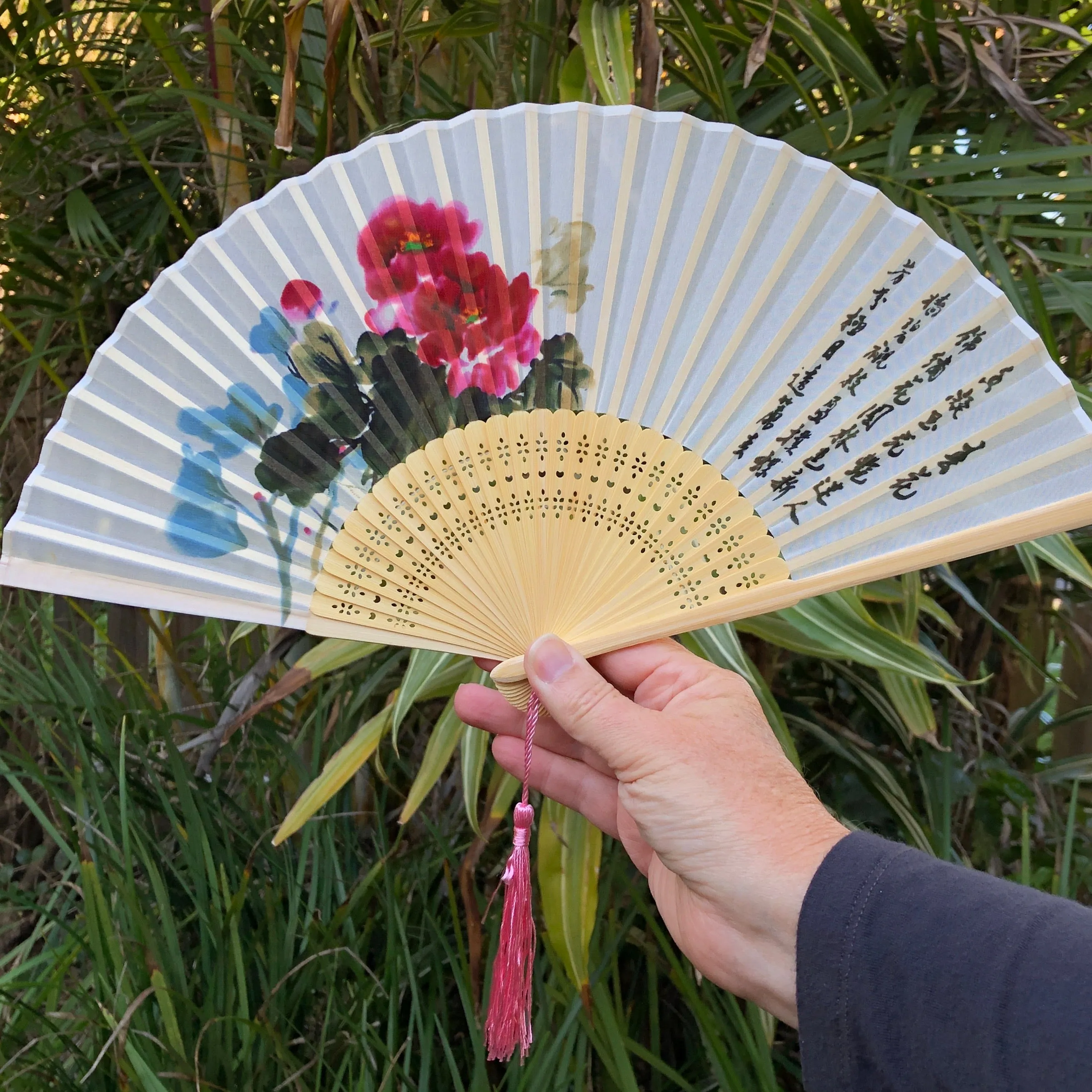 SALE - Luxury Sheer Silk Hand Fan - peony flowers