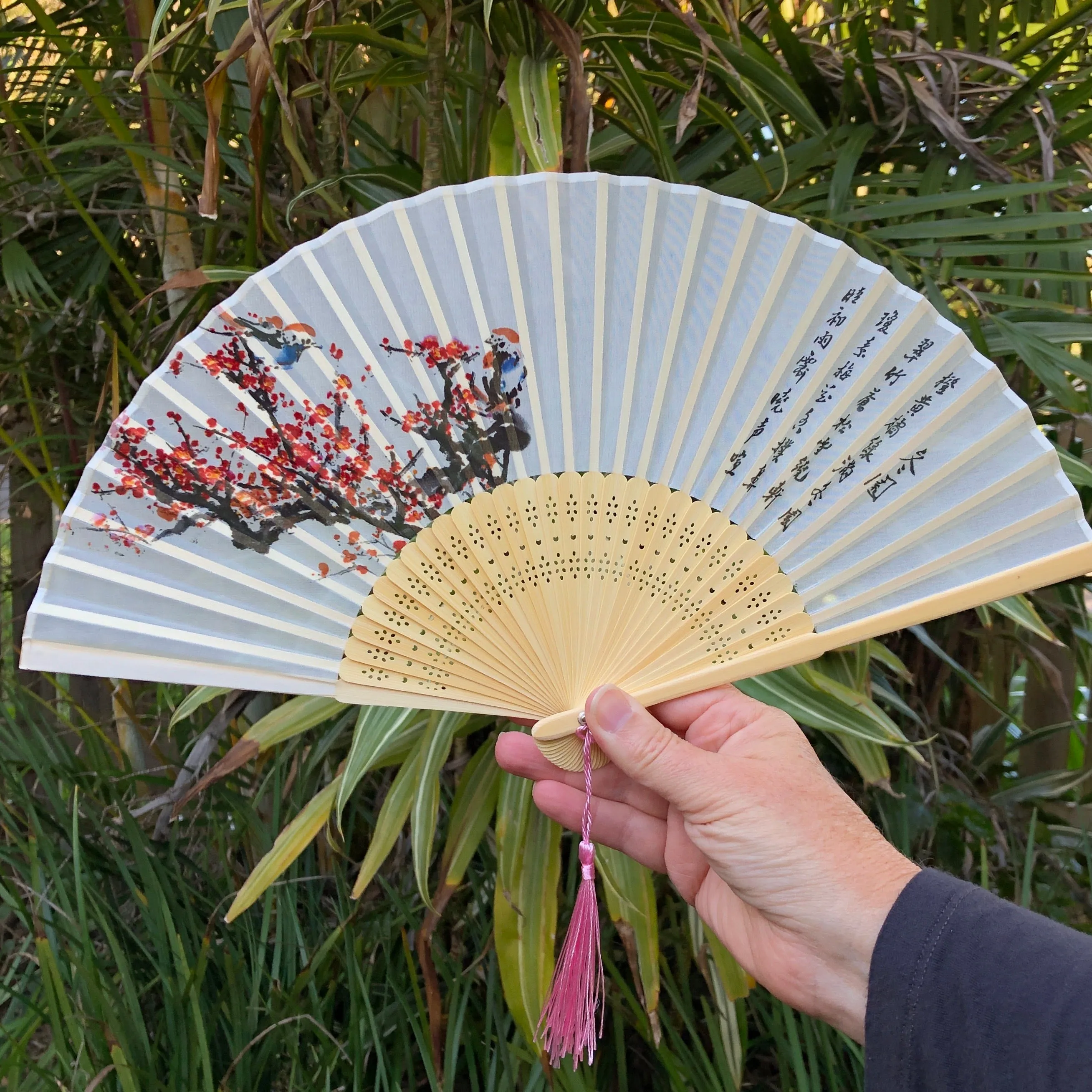 SALE - Luxury Sheer Silk Hand Fan - plum blossoms