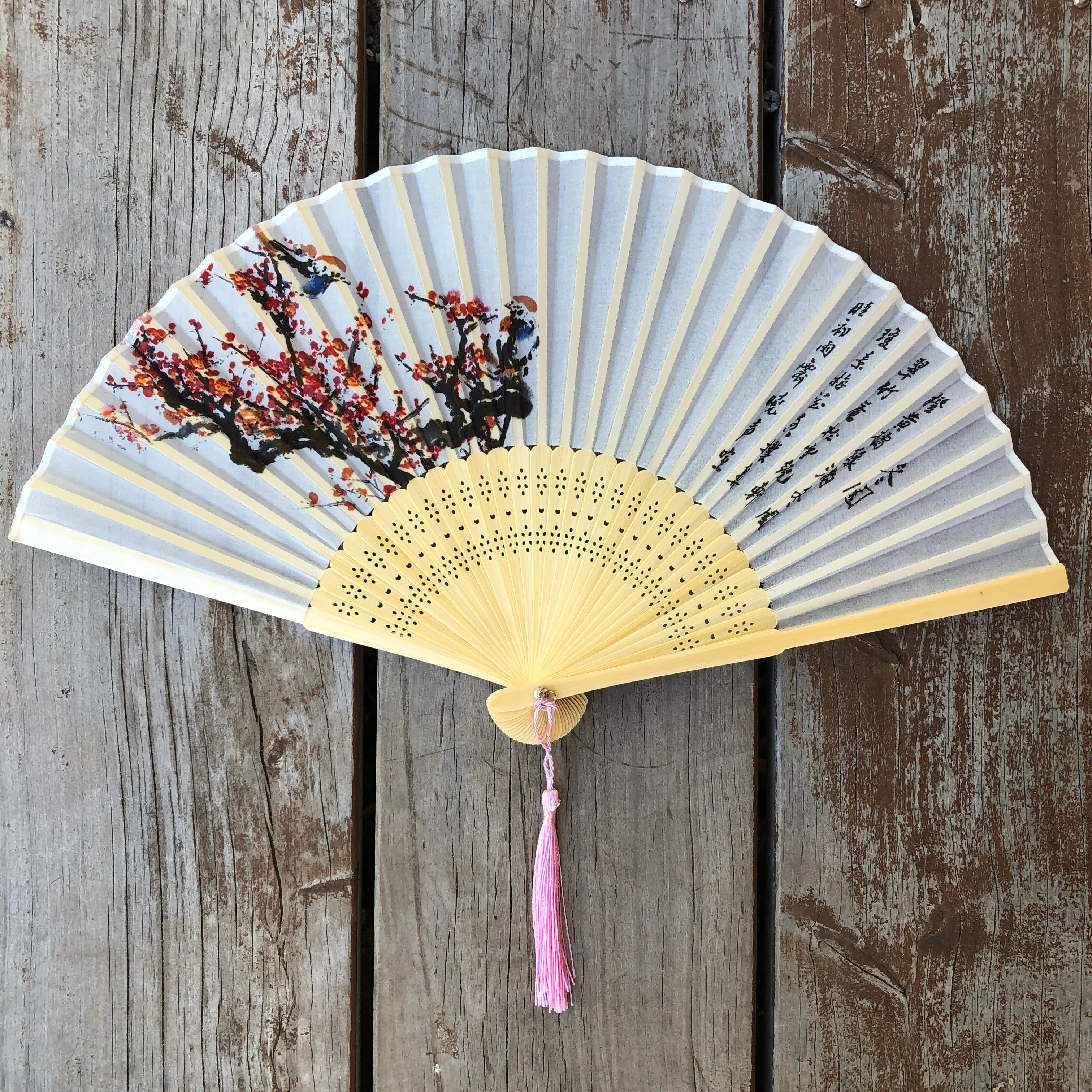 SALE - Luxury Sheer Silk Hand Fan - plum blossoms