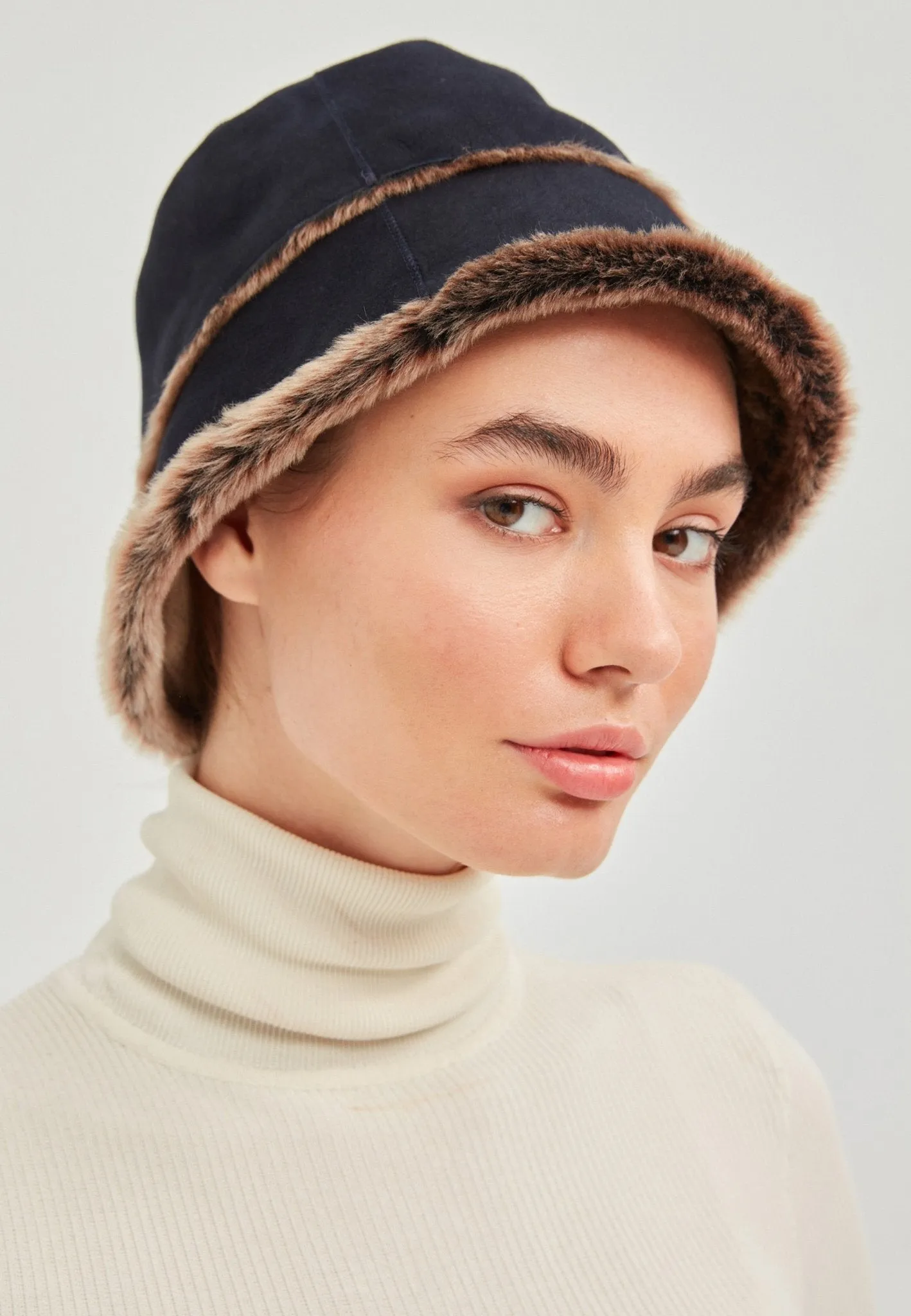 Sandy Women's Shearling Bucket Winter Hat - Navy Blue