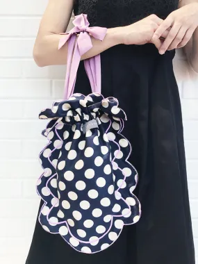 Surprise Sale! Navy Dots Scalloped Drawstring Silky Shopper