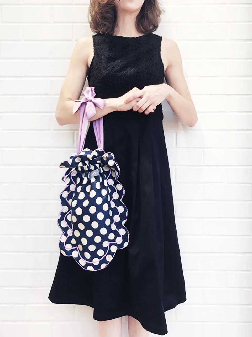 Surprise Sale! Navy Dots Scalloped Drawstring Silky Shopper