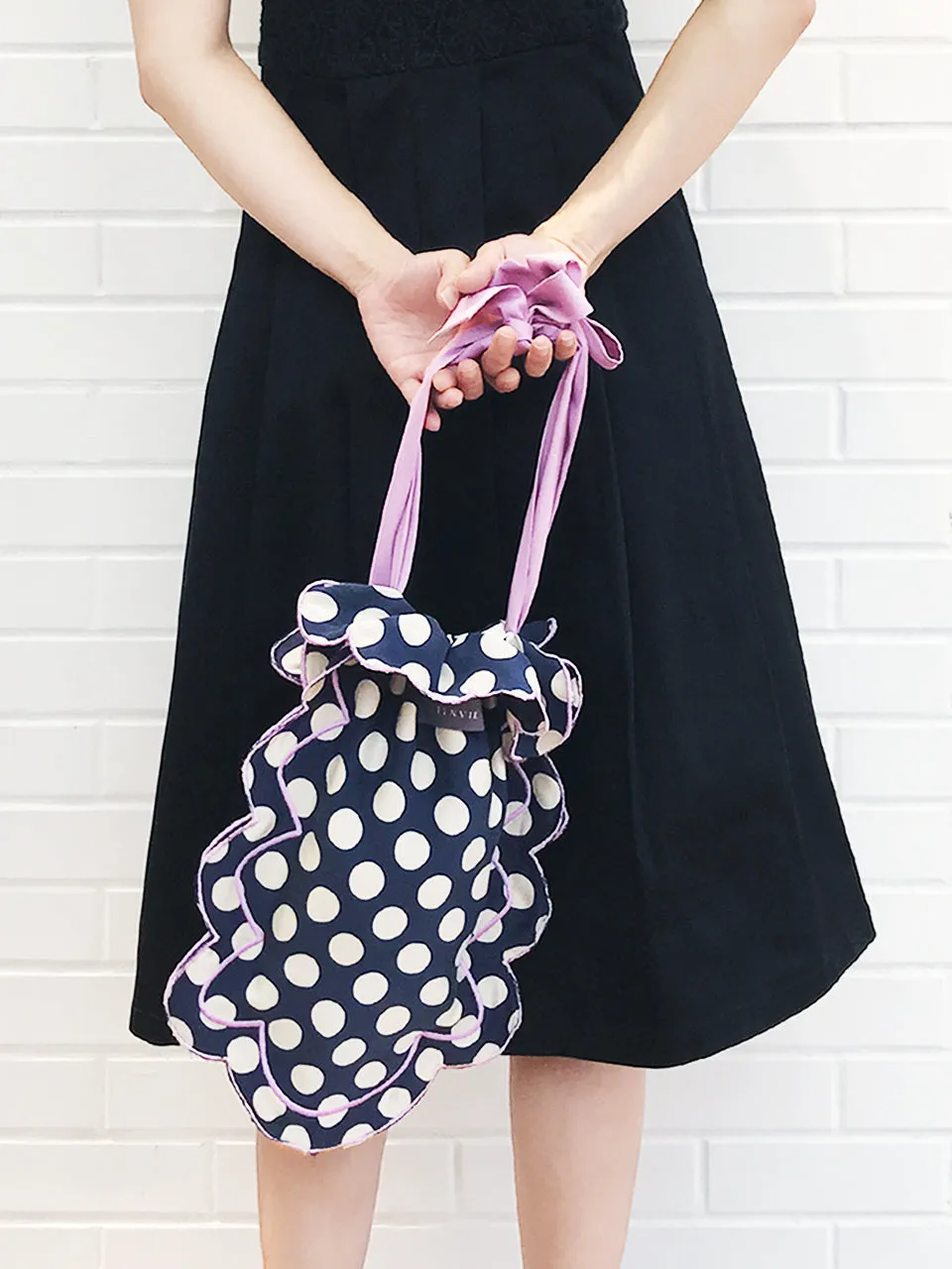 Surprise Sale! Navy Dots Scalloped Drawstring Silky Shopper