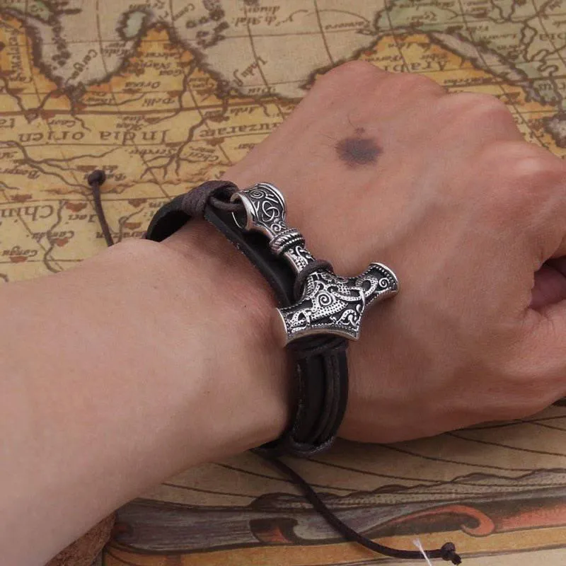 Thor's Hammer Leather Strap Bracelet - Stainless Steel