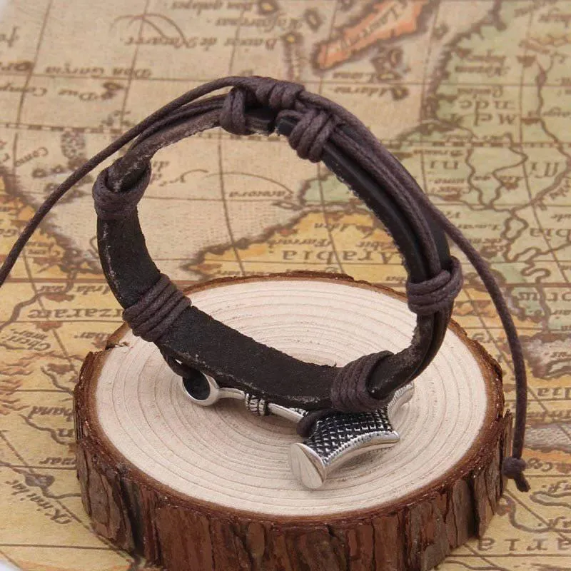 Thor's Hammer Leather Strap Bracelet - Stainless Steel