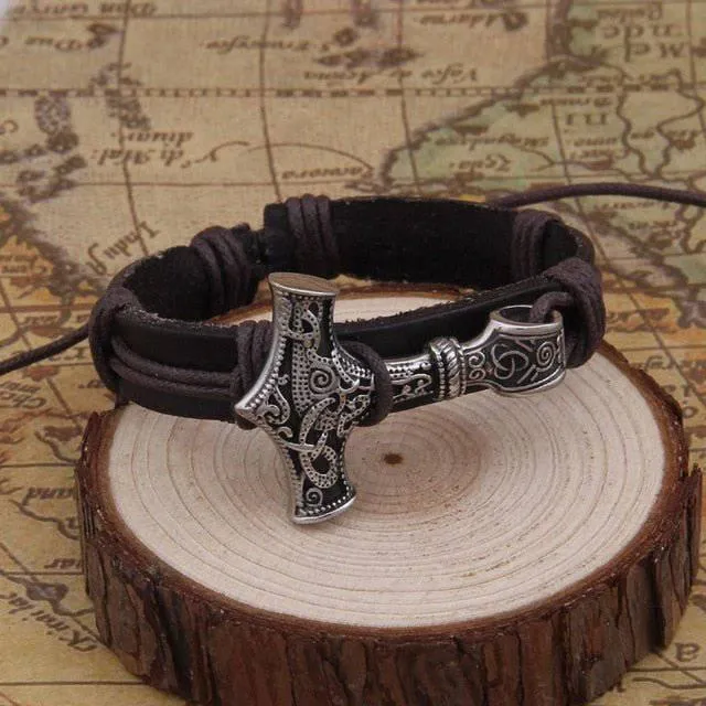 Thor's Hammer Leather Strap Bracelet - Stainless Steel