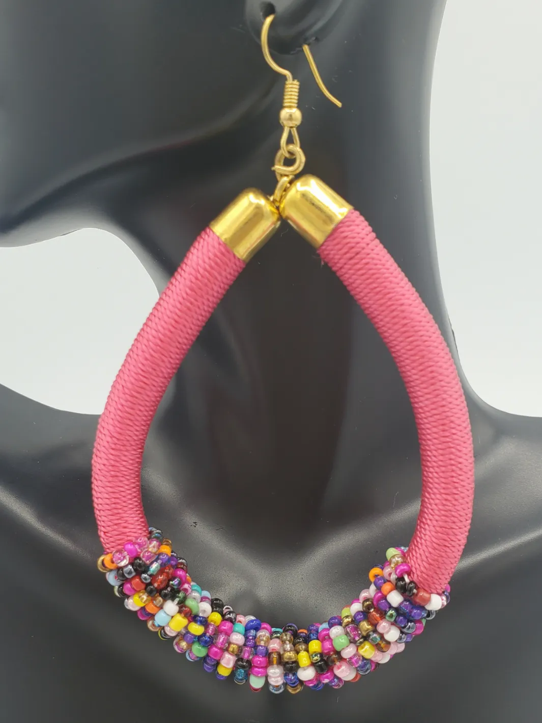 Thread Wrapped/Beaded Hoop Earrings, Pink