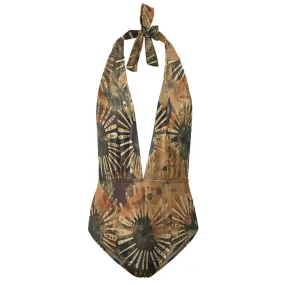 Vampire Art Hippie Tie-Dye Motif Festival Boho One Piece Halter Swimsuit - Florals in Beige