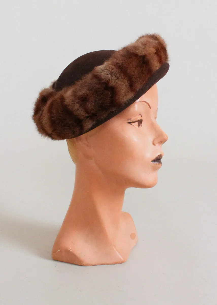 Vintage 1940s Brown Fur Tilt Hat and Purse Set