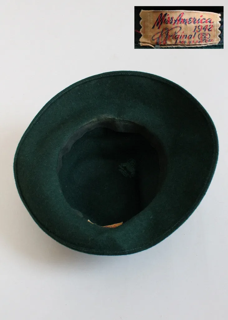 Vintage 1940s Green Wool Fedora Hat